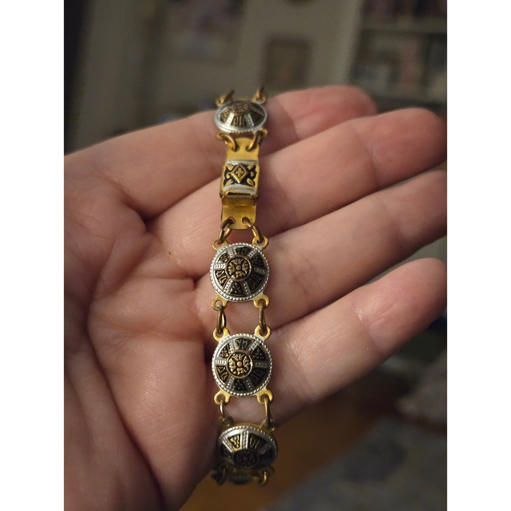 Damascene Bracelet Goldtone Delicate Black Gold Disks 1940s Signed Spain